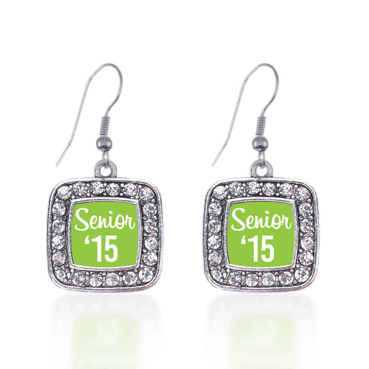Silver Lime Green Senior '15 Square Charm Dangle Earrings