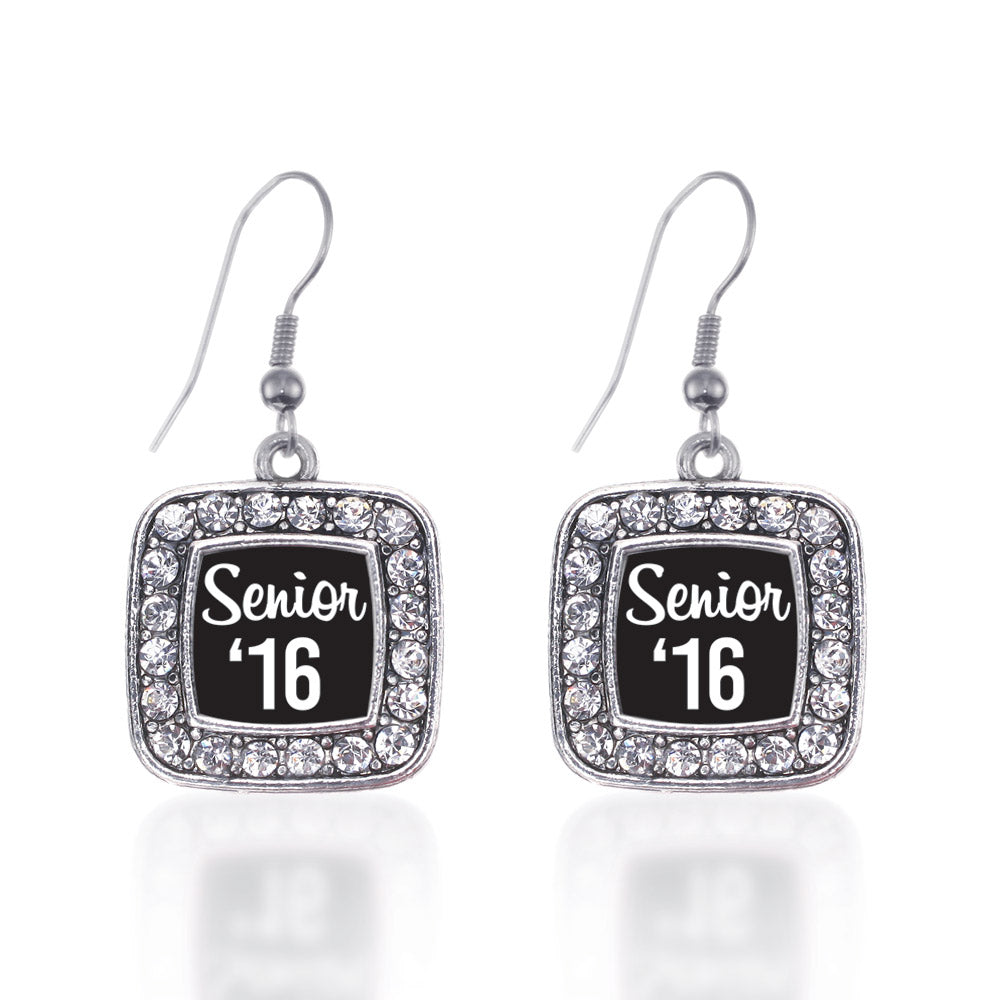 Silver Senior '16 Square Charm Dangle Earrings