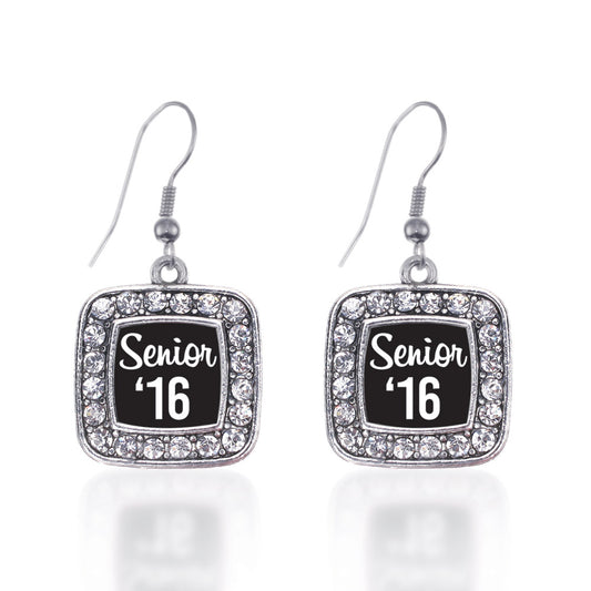 Silver Senior '16 Square Charm Dangle Earrings