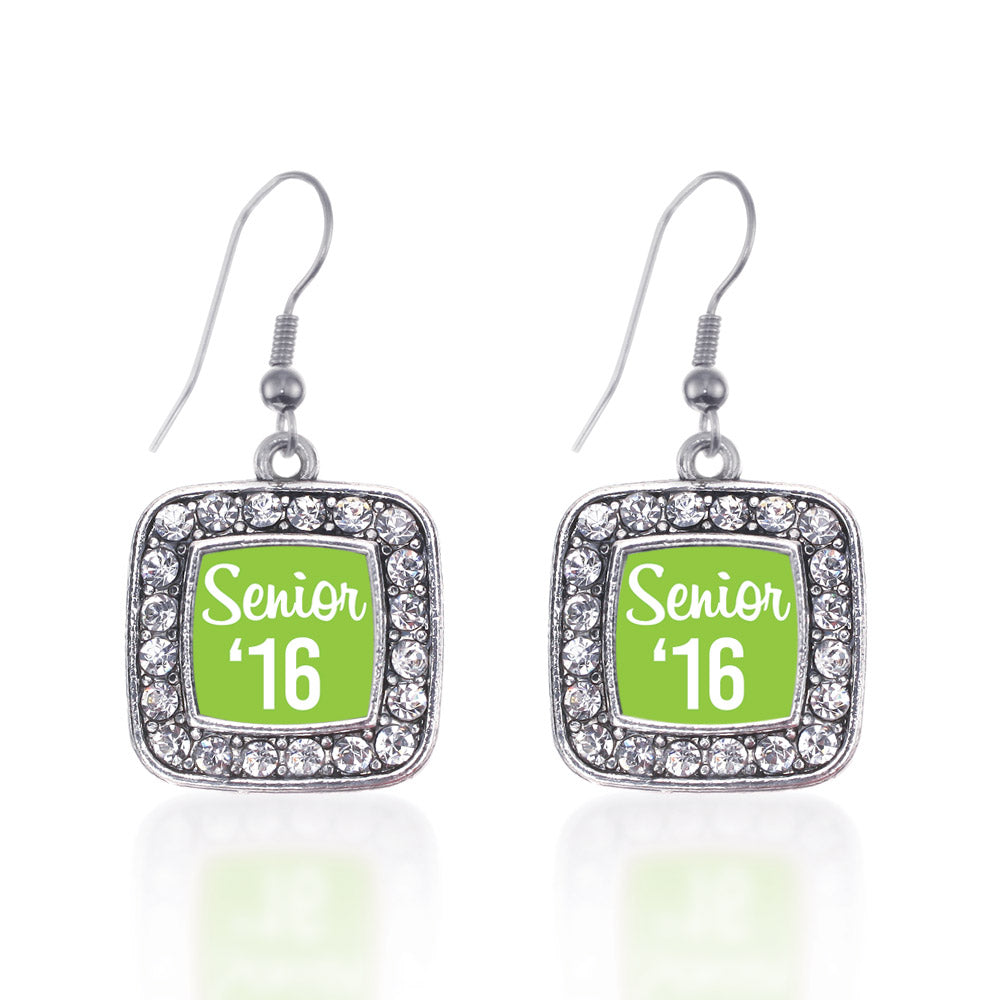 Silver Lime Green Senior '16 Square Charm Dangle Earrings