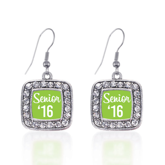 Silver Lime Green Senior '16 Square Charm Dangle Earrings