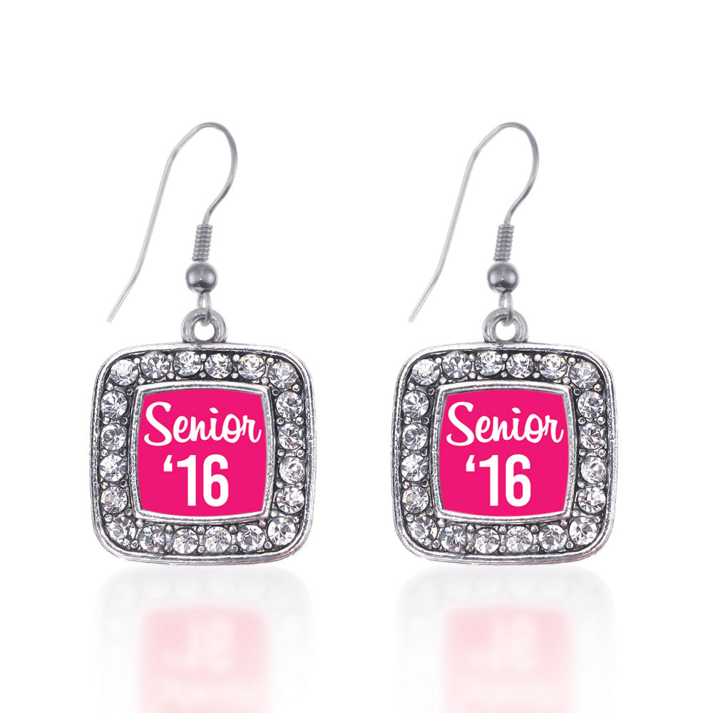 Silver Fuchsia Senior '16 Square Charm Dangle Earrings
