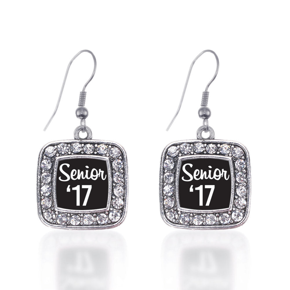 Silver Senior '17 Square Charm Dangle Earrings