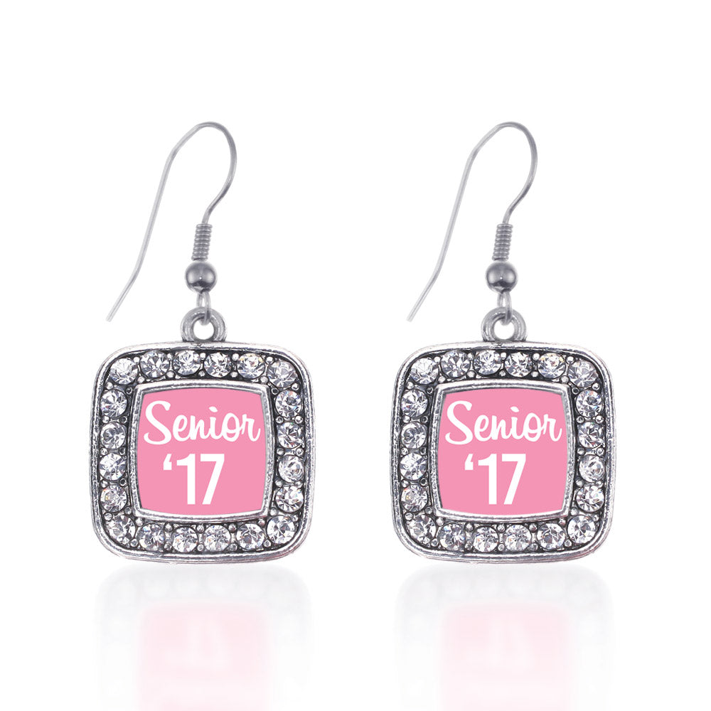 Silver Pink Senior '17 Square Charm Dangle Earrings