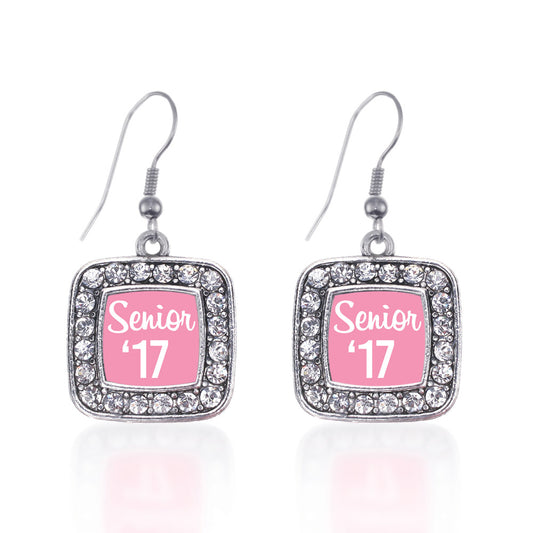 Silver Pink Senior '17 Square Charm Dangle Earrings