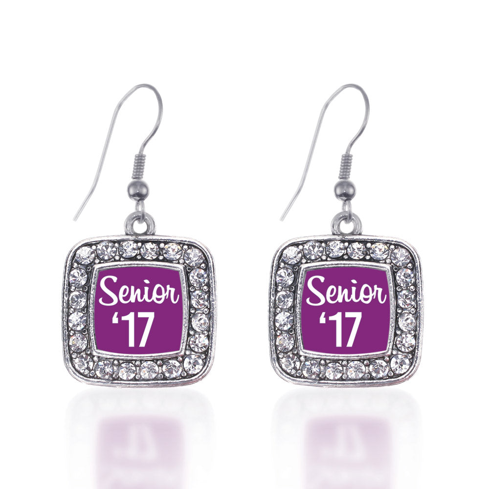 Silver Purple Senior '17 Square Charm Dangle Earrings