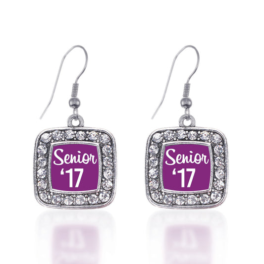 Silver Purple Senior '17 Square Charm Dangle Earrings