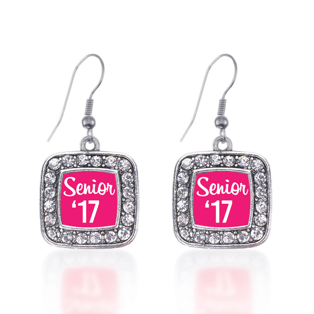 Silver Fuchsia Senior '17 Square Charm Dangle Earrings