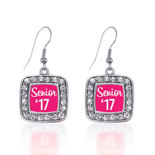 Silver Fuchsia Senior '17 Square Charm Dangle Earrings