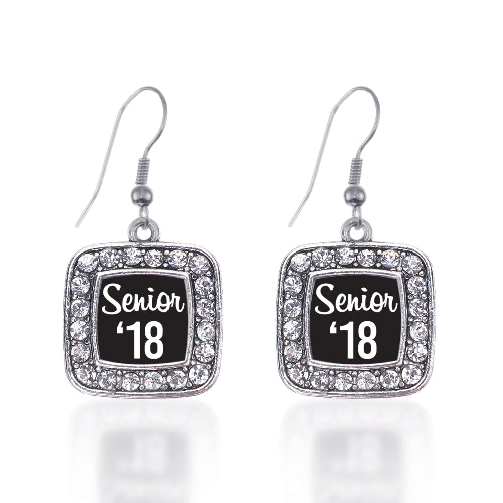 Silver Senior '18 Square Charm Dangle Earrings