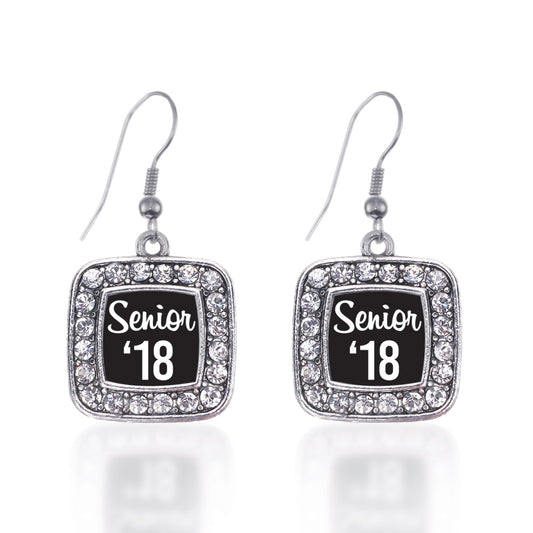 Silver Senior '18 Square Charm Dangle Earrings