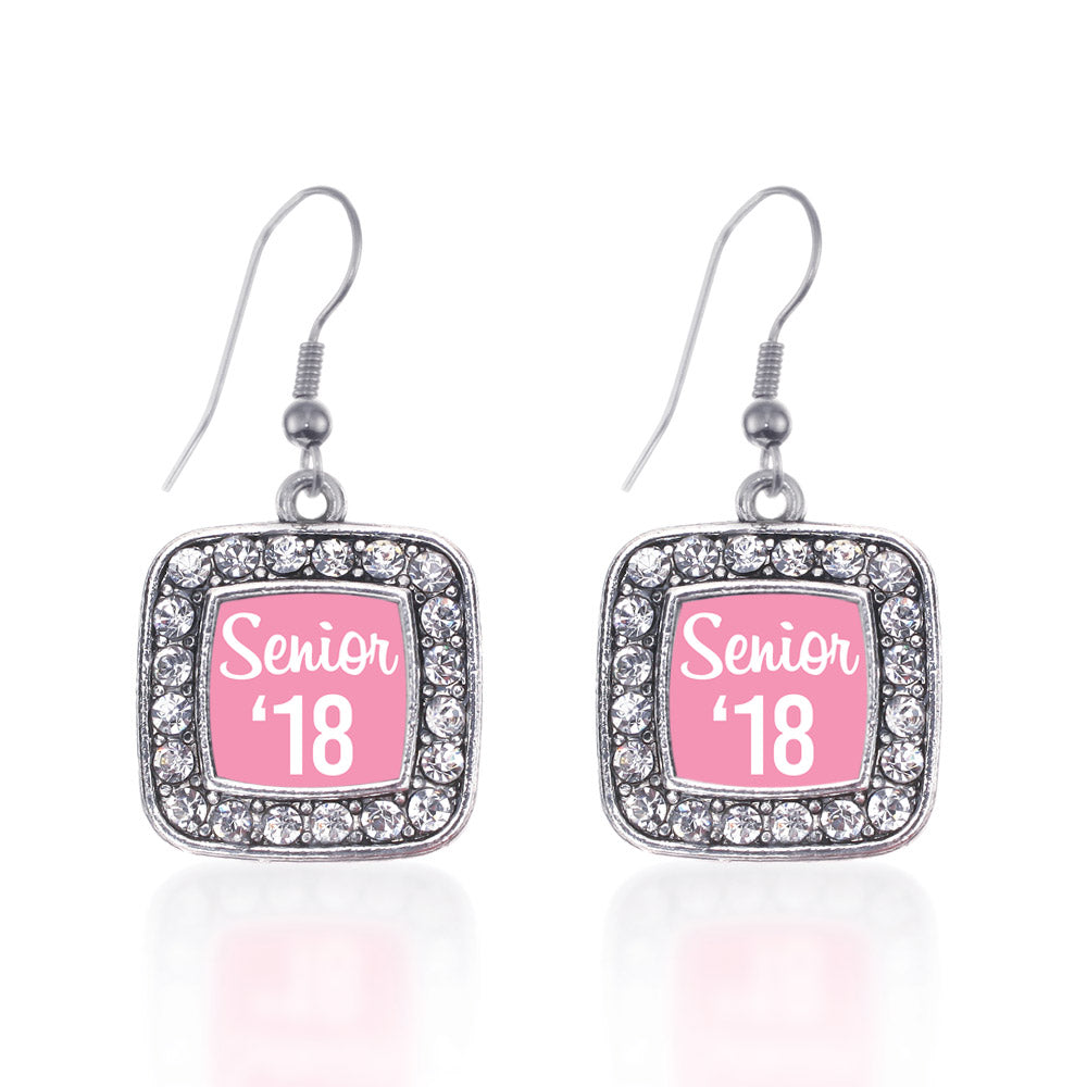 Silver Pink Senior '18 Square Charm Dangle Earrings