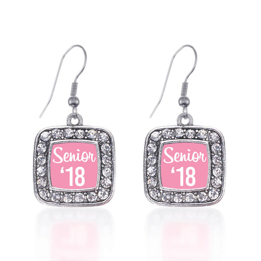 Silver Pink Senior '18 Square Charm Dangle Earrings