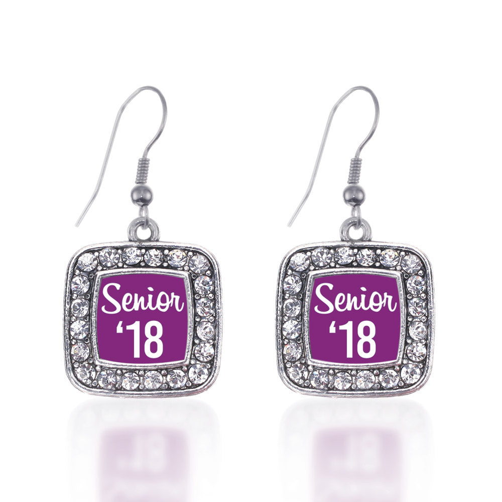 Silver Purple Senior '18 Square Charm Dangle Earrings