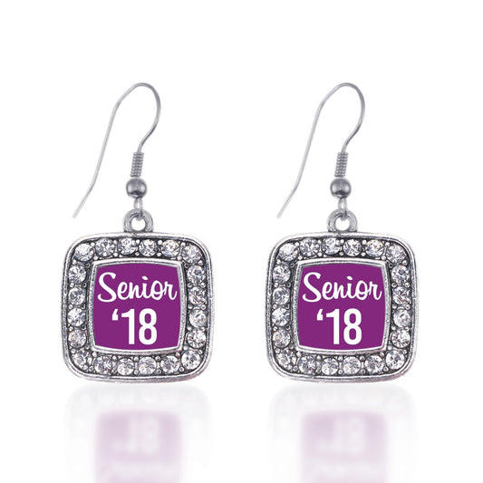 Silver Purple Senior '18 Square Charm Dangle Earrings