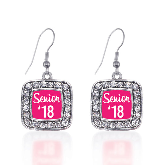 Silver Fuchsia Senior '18 Square Charm Dangle Earrings