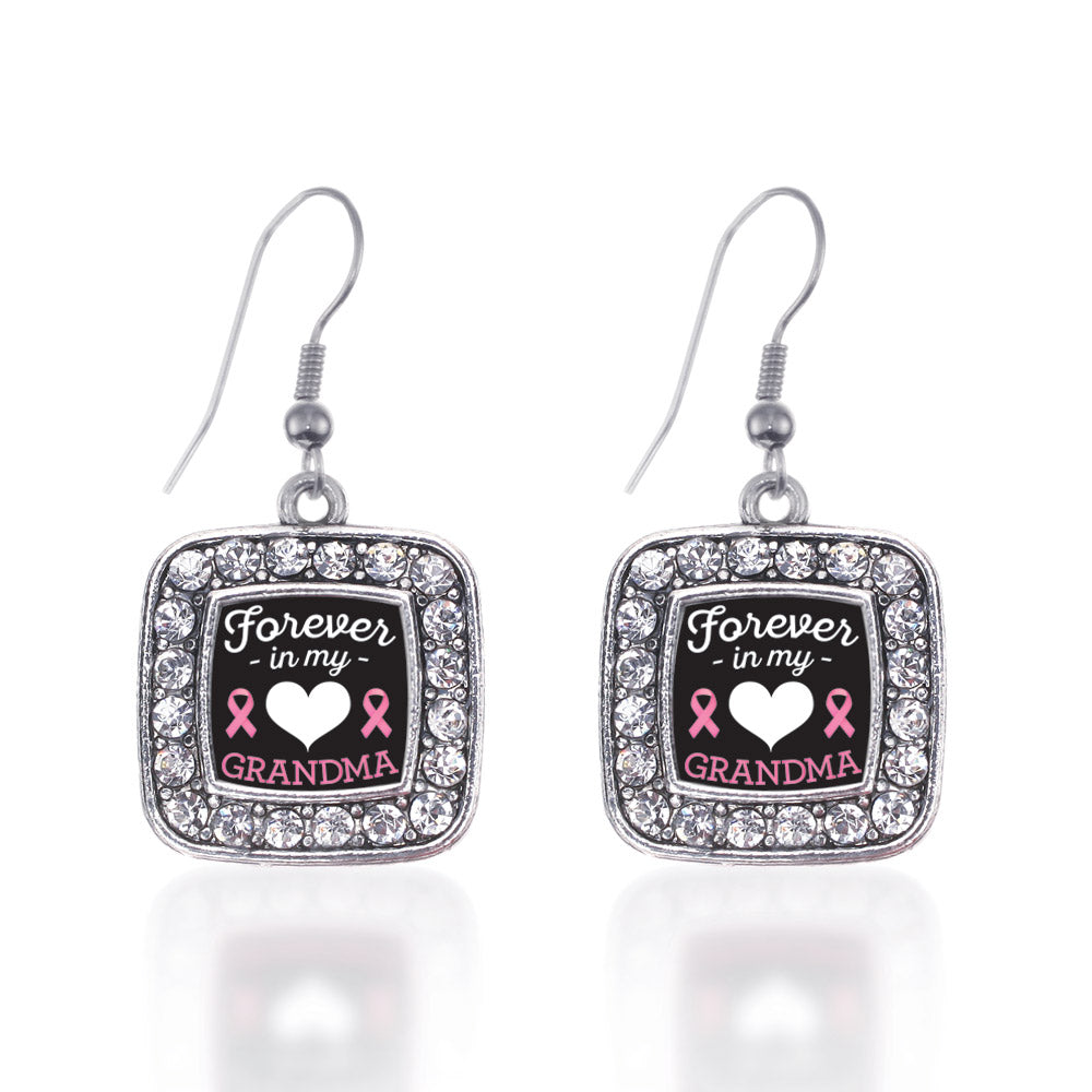 Silver Forever in my Heart Grandma Breast Cancer Support Square Charm Dangle Earrings