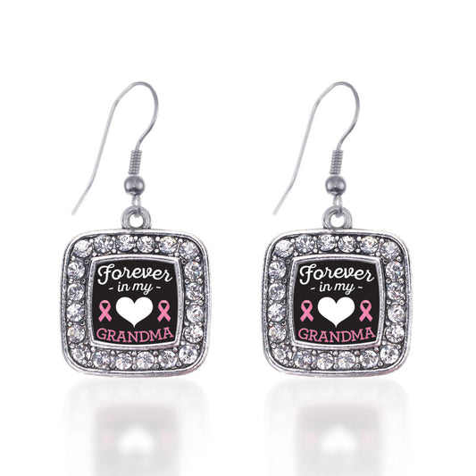 Silver Forever in my Heart Grandma Breast Cancer Support Square Charm Dangle Earrings