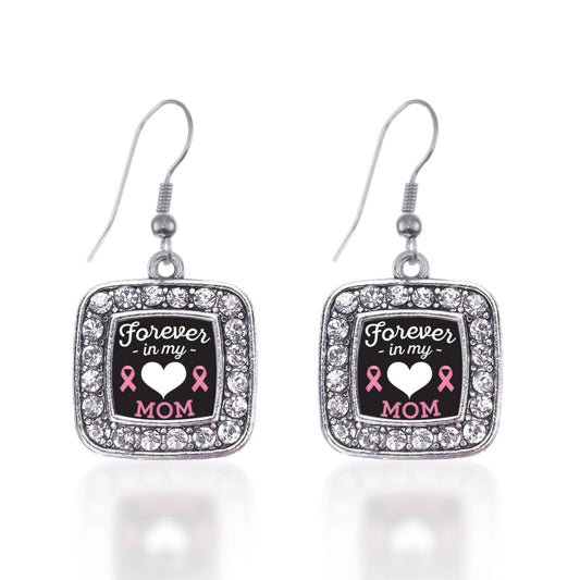 Silver Forever in my Heart Mom Breast Cancer Support Square Charm Dangle Earrings