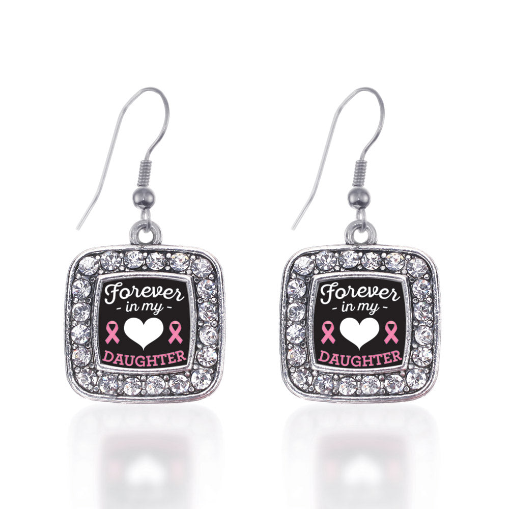 Silver Forever in my Heart Daughter Breast Cancer Support Square Charm Dangle Earrings