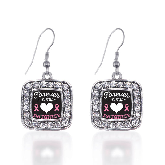 Silver Forever in my Heart Daughter Breast Cancer Support Square Charm Dangle Earrings