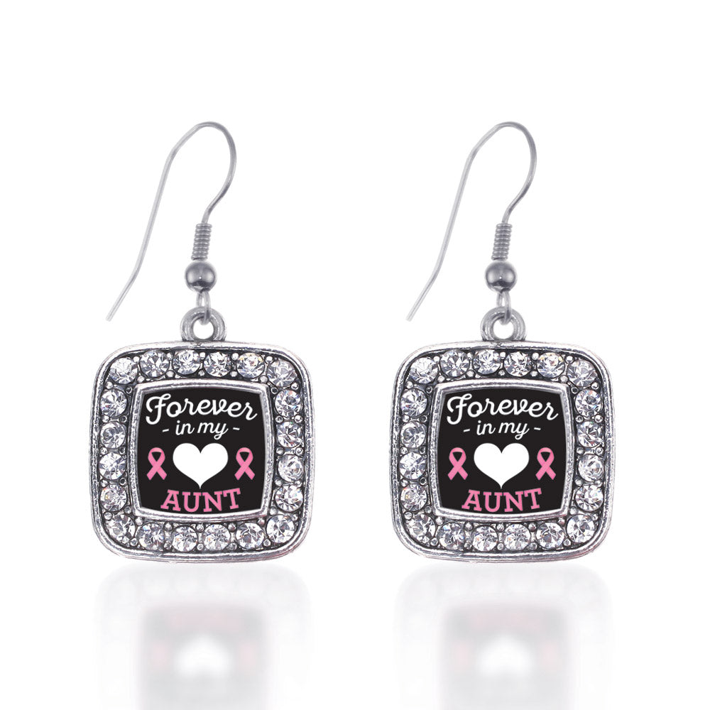 Silver Forever in my Heart Aunt Breast Cancer Support Square Charm Dangle Earrings