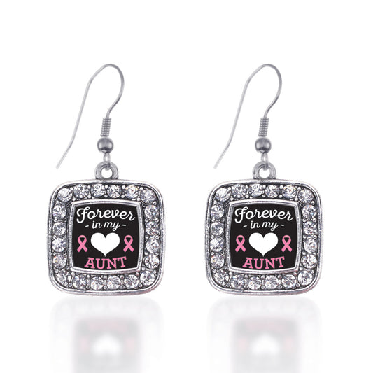 Silver Forever in my Heart Aunt Breast Cancer Support Square Charm Dangle Earrings
