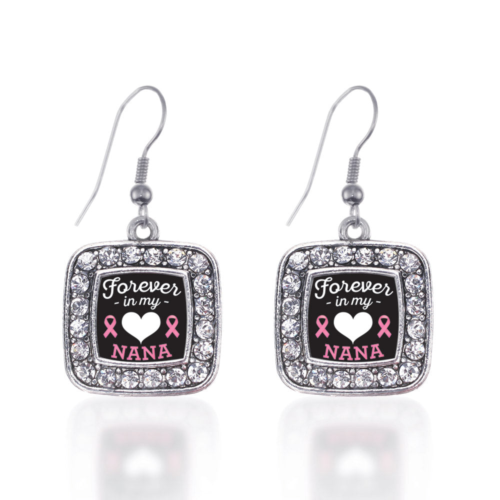 Silver Forever in my Heart Nana Breast Cancer Support Square Charm Dangle Earrings