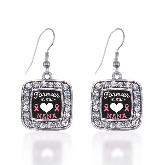 Silver Forever in my Heart Nana Breast Cancer Support Square Charm Dangle Earrings