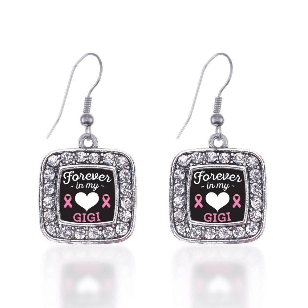 Silver Forever in my Heart Gigi Breast Cancer Support Square Charm Dangle Earrings