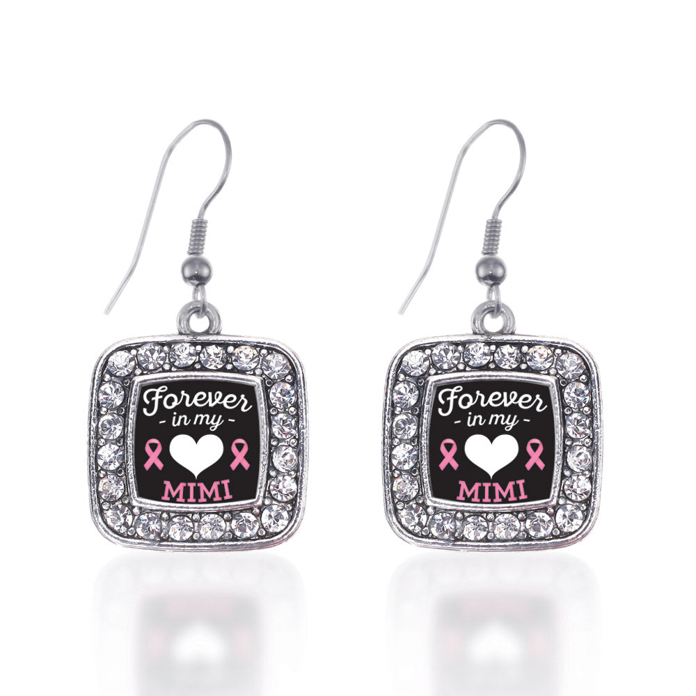 Silver Forever in my Heart Mimi Breast Cancer Support Square Charm Dangle Earrings