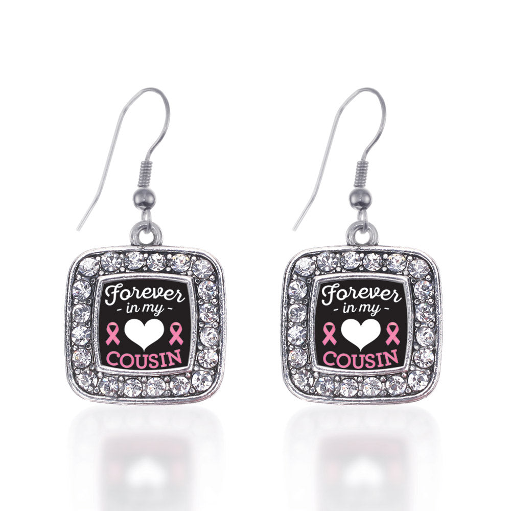 Silver Forever in my Heart Cousin Breast Cancer Support Square Charm Dangle Earrings