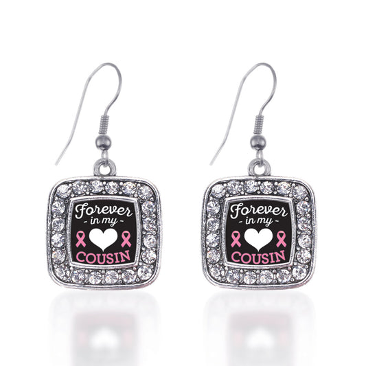 Silver Forever in my Heart Cousin Breast Cancer Support Square Charm Dangle Earrings