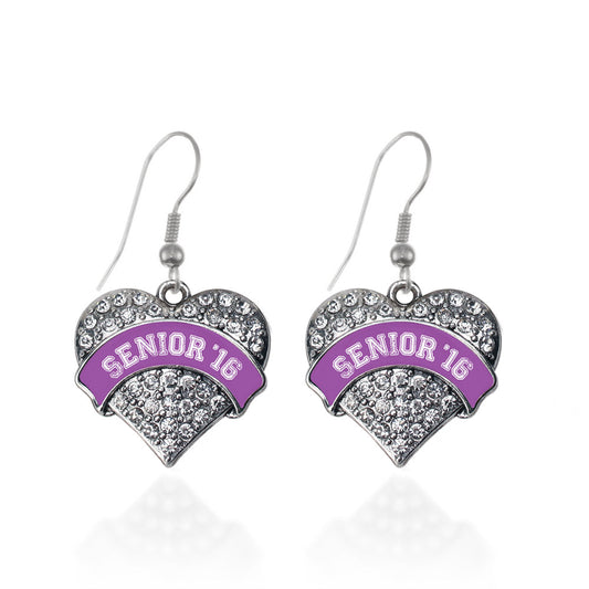 Silver Purple Senior 2016 Pave Heart Charm Dangle Earrings