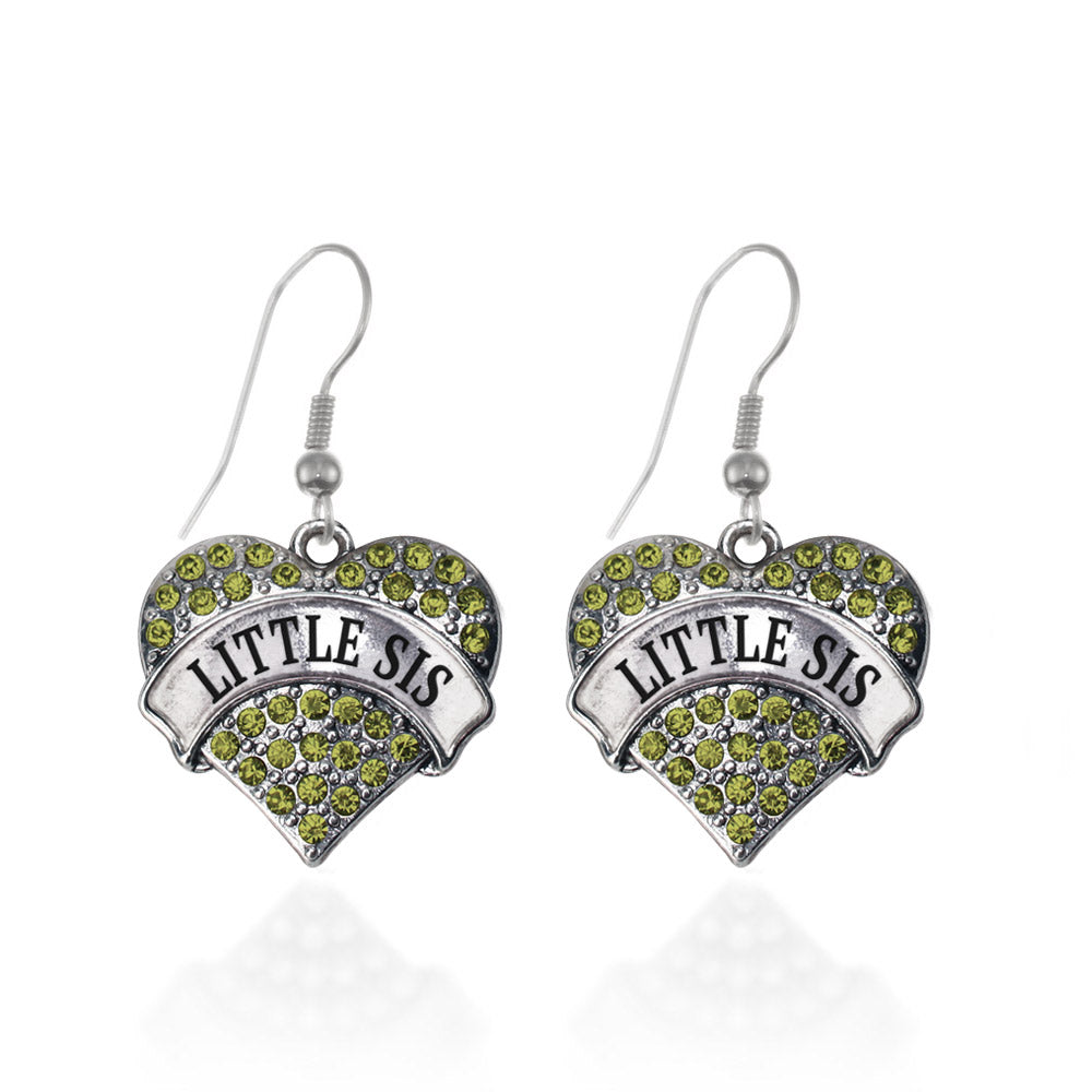 Silver Little Sis Green Green Pave Heart Charm Dangle Earrings