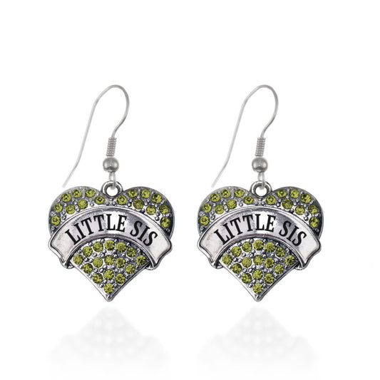 Silver Little Sis Green Green Pave Heart Charm Dangle Earrings