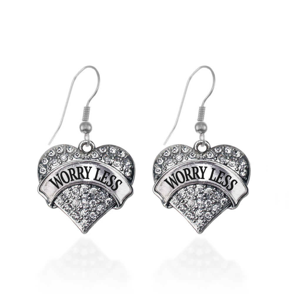Silver Worry Less Pave Heart Charm Dangle Earrings