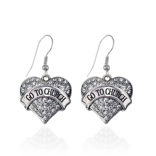 Silver Go To Church Pave Heart Charm Dangle Earrings