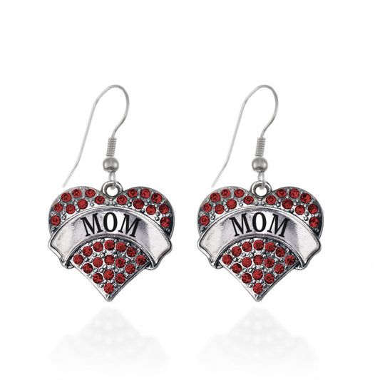 Silver Mom Red Red Pave Heart Charm Dangle Earrings