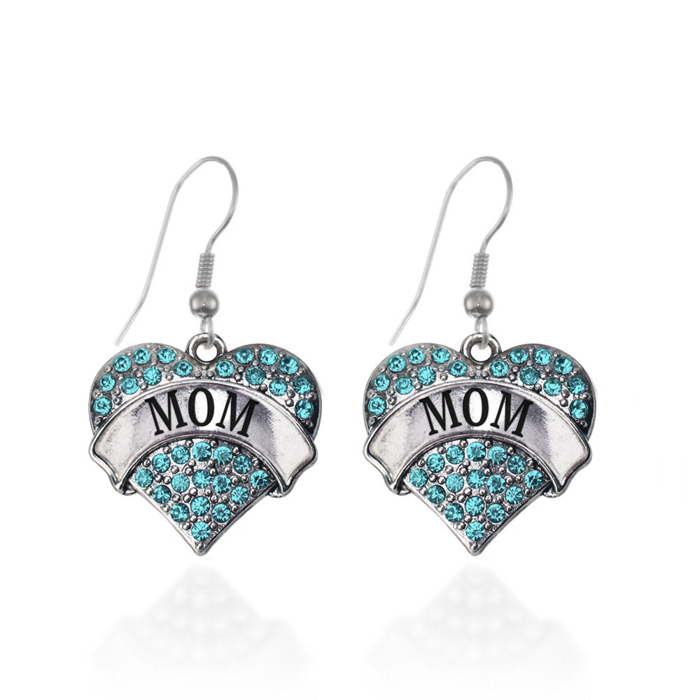Silver Mom Aqua Aqua Pave Heart Charm Dangle Earrings