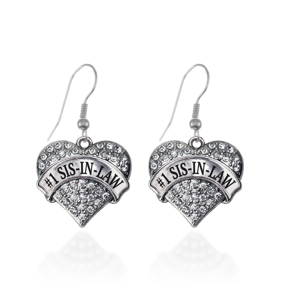 Silver #1 Sis-In-Law Pave Heart Charm Dangle Earrings