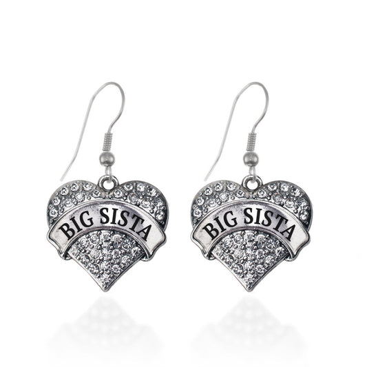 Silver Big Sista Pave Heart Charm Dangle Earrings