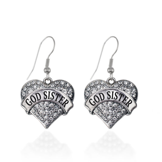 Silver God Sister Pave Heart Charm Dangle Earrings