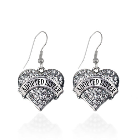 Silver Adopted Sister Pave Heart Charm Dangle Earrings
