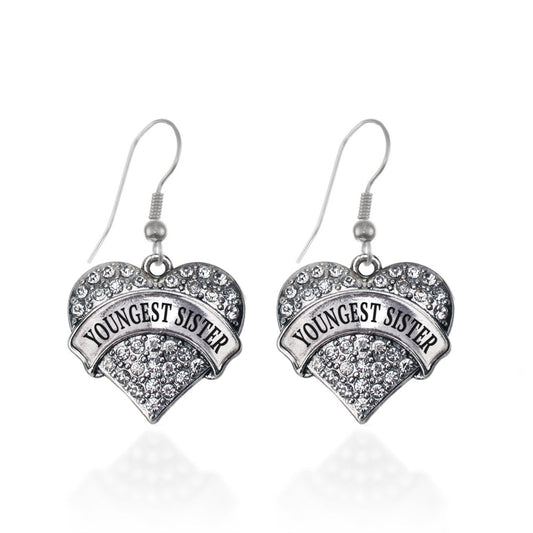 Silver Youngest Sister Pave Heart Charm Dangle Earrings