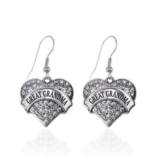 Silver Great Grandma Pave Heart Charm Dangle Earrings