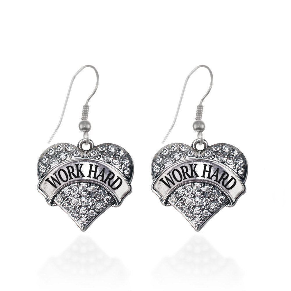 Silver Work Hard Pave Heart Charm Dangle Earrings
