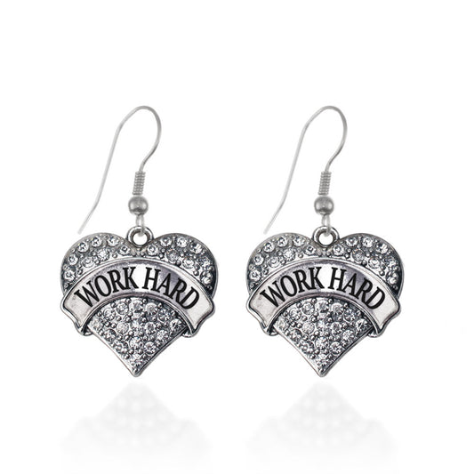 Silver Work Hard Pave Heart Charm Dangle Earrings