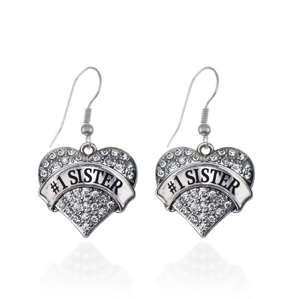 Silver #1 Sister Pave Heart Charm Dangle Earrings