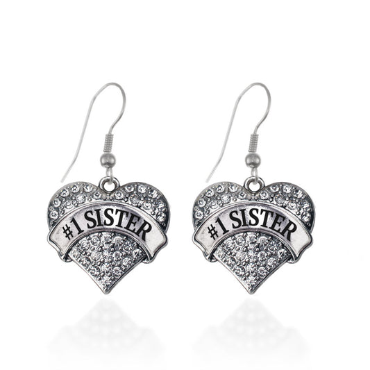 Silver #1 Sister Pave Heart Charm Dangle Earrings